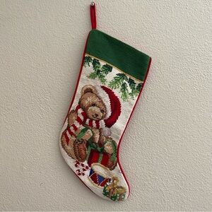 Vintage Wool Needlepoint Christmas Teddy Bear with gift